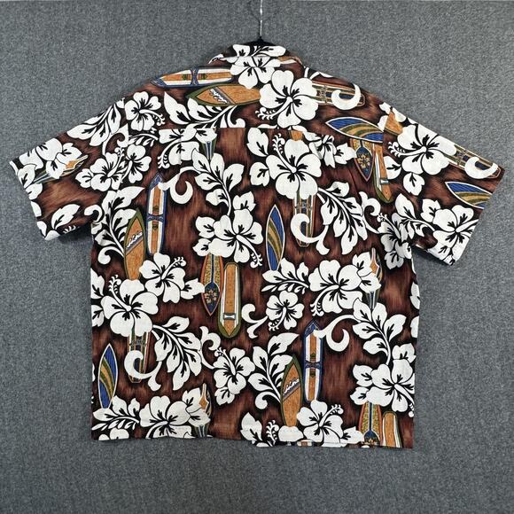 RJC Hawaiian Shirt Mens XL Bark Cloth Brown Hibiscus Surfboards Made in USA - Picture 3 of 11